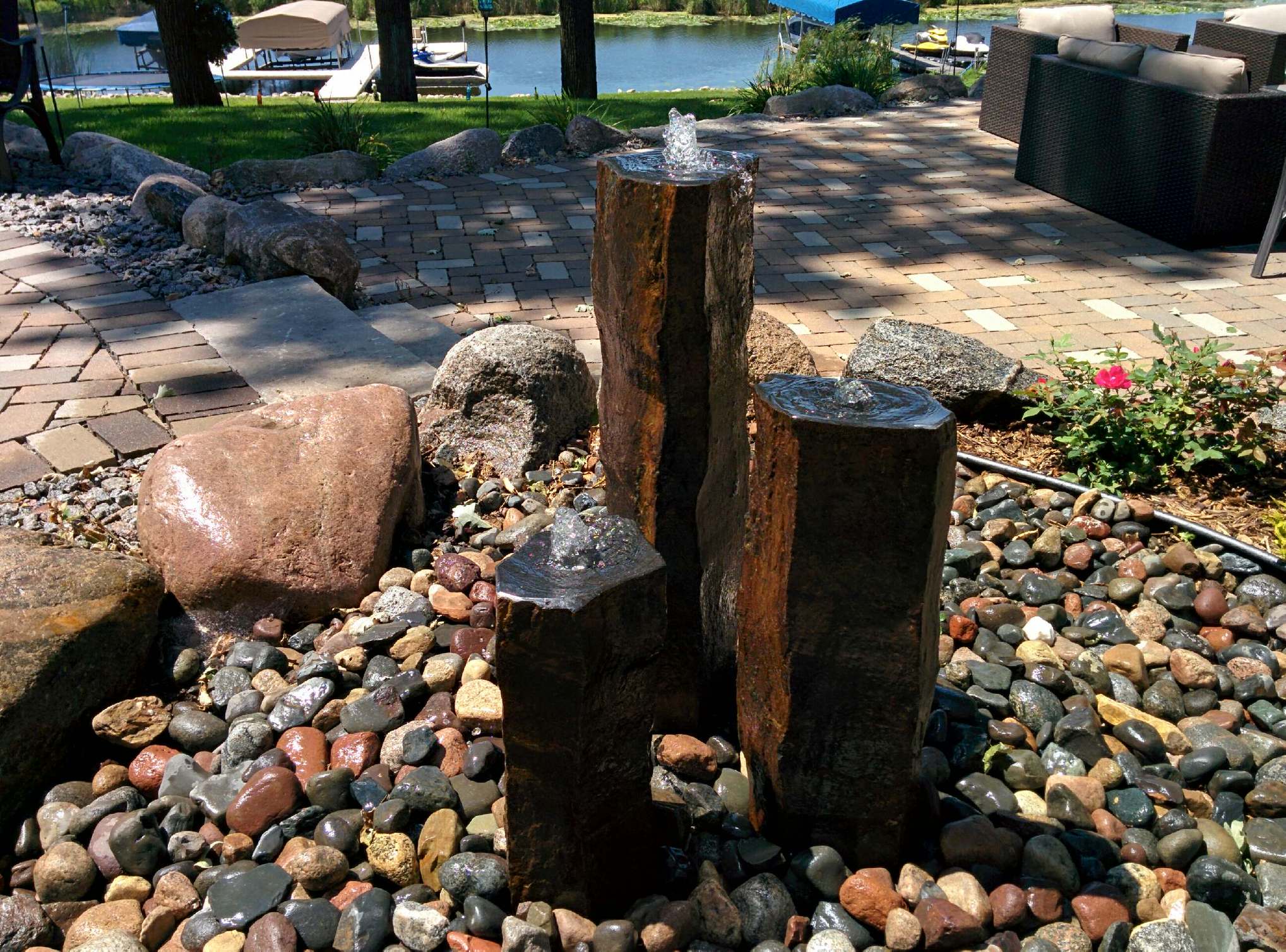 This basalt columns water feature was recently added to a landscaping project in Excelsior.