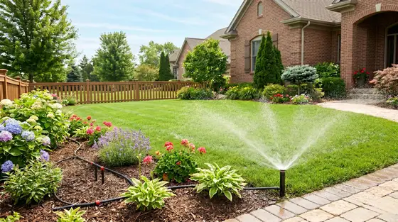 In-ground irrigation sprinkler watering a healthy green lawn beside landscaped flower beds and a paver walkway