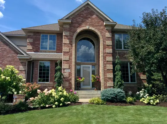 Two-story brick home with white hydrangea foundation plantings and layered evergreens framing the front entry
