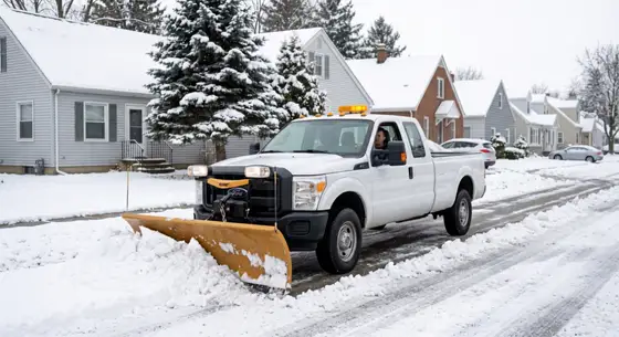 White Ford pickup truck with a yellow snow plow clearing a snow-covered residential street in a Twin Cities neighborhood
