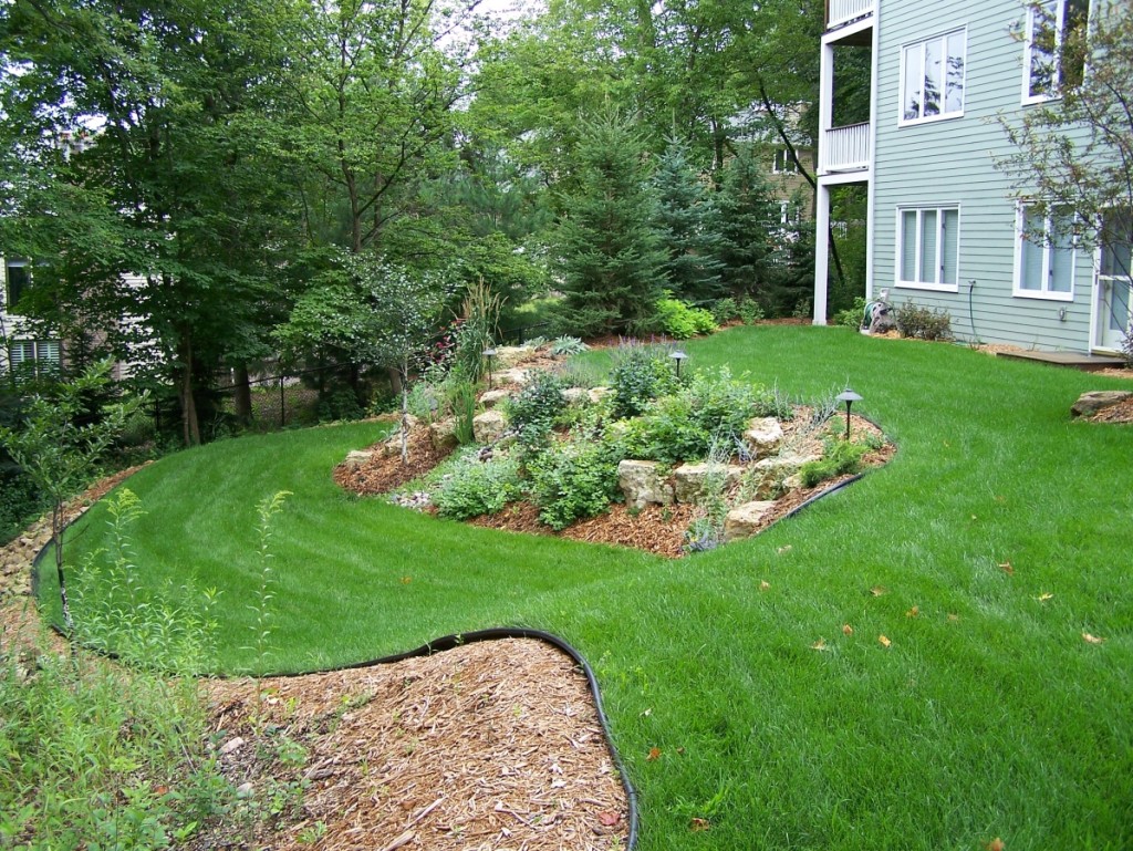 Lush backyard with a slope and rock garden. No drainage issues.
